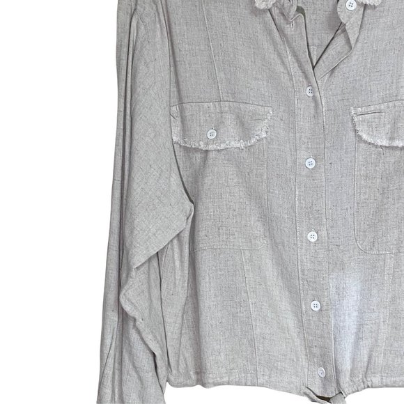 Umgee Textured Linen/Cotton Oversized Frayed Collar Draw String Waist Oatmeal Si - Picture 5 of 11